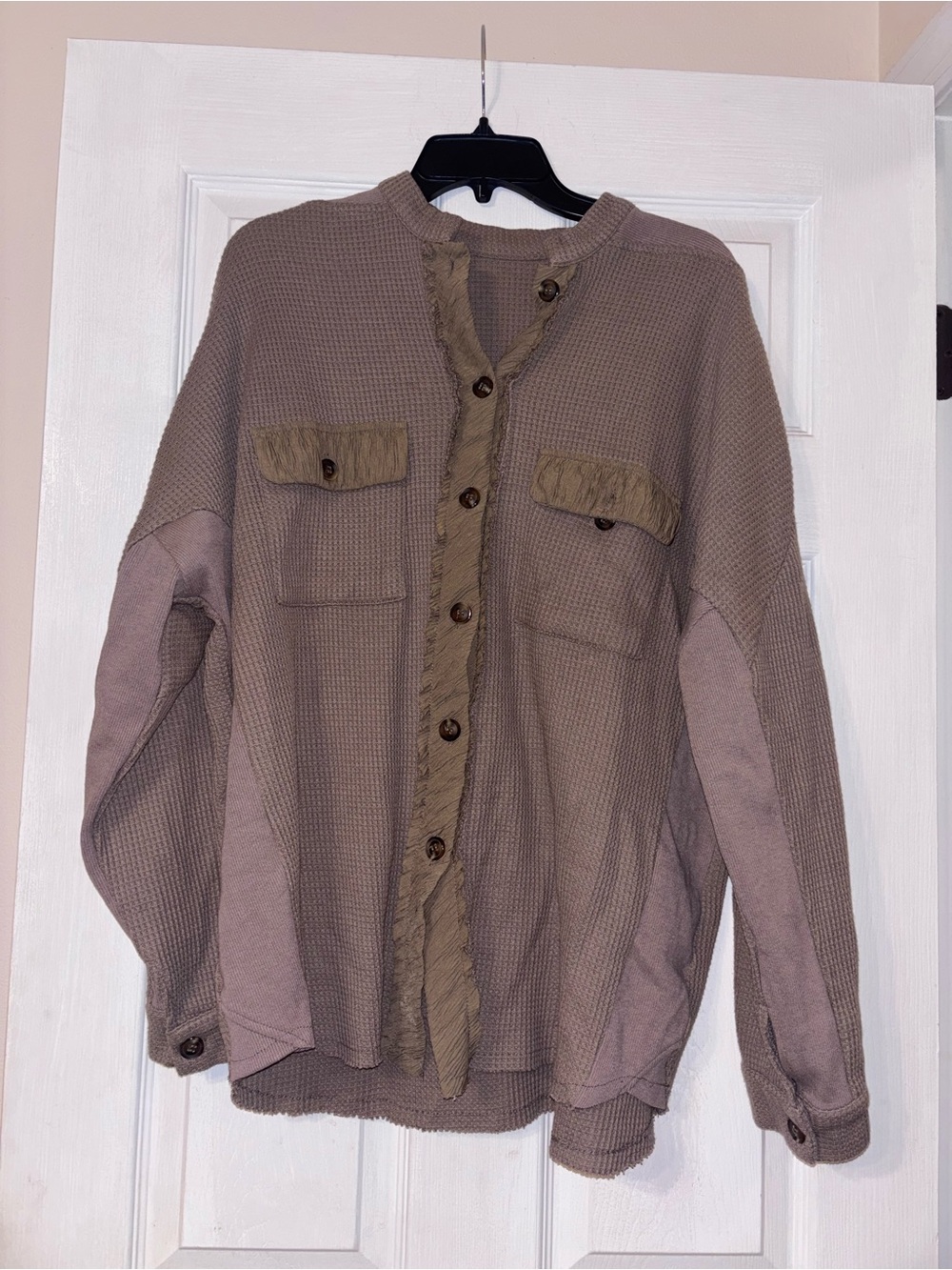 Amazon Taupe Button-Front Waffle Knit Shirt Jacket